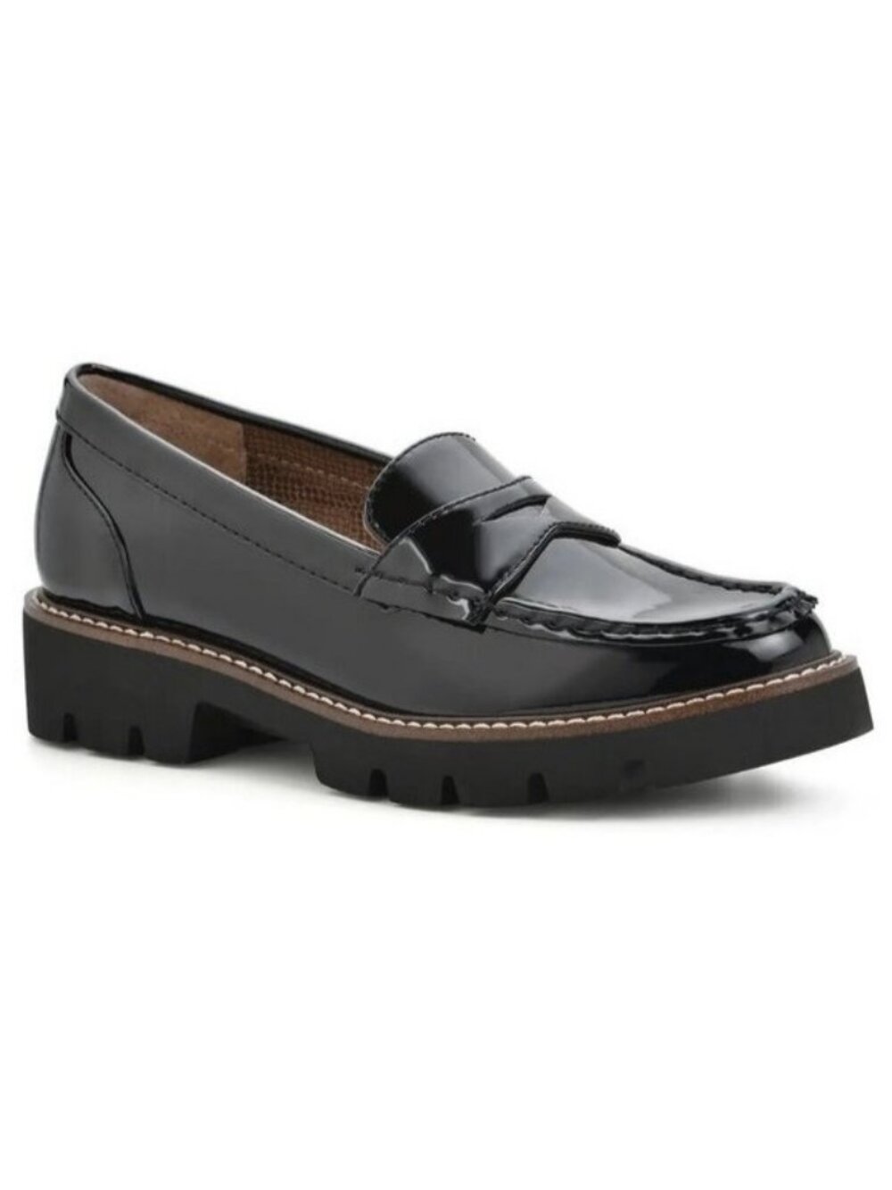 White Mountain Gunner Black Patent Leather Platform Penny Loafers Lug Tread sz 8
